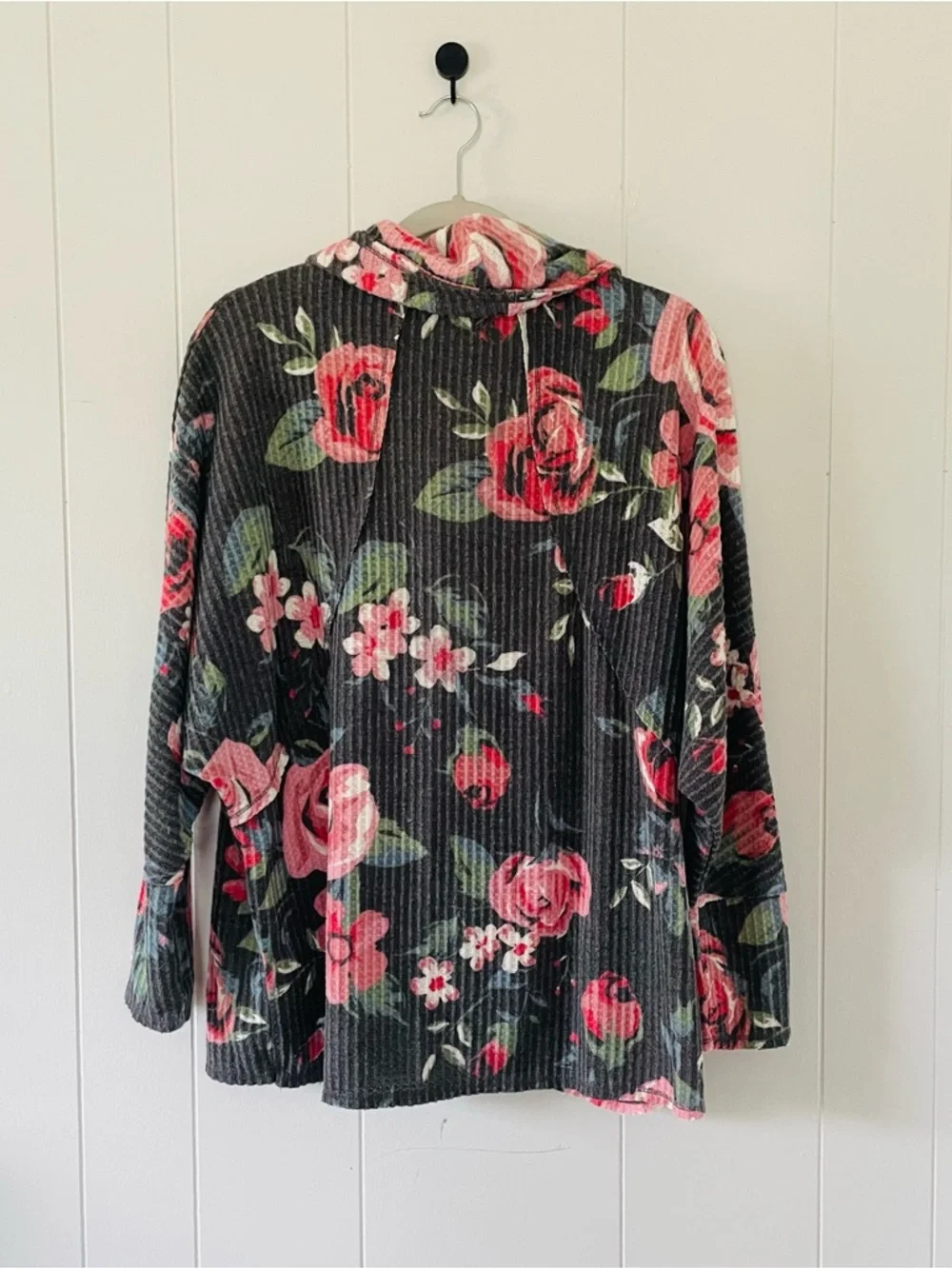 LuLaRoe Charcoal Sweater with Pink Rose Print